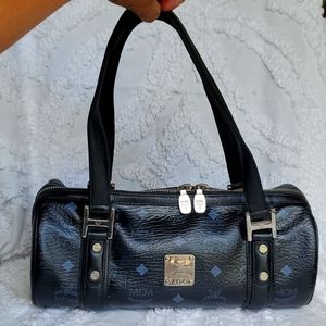 ××SOLD××Authentic MCM Visetos barrel hand bag in black monogram